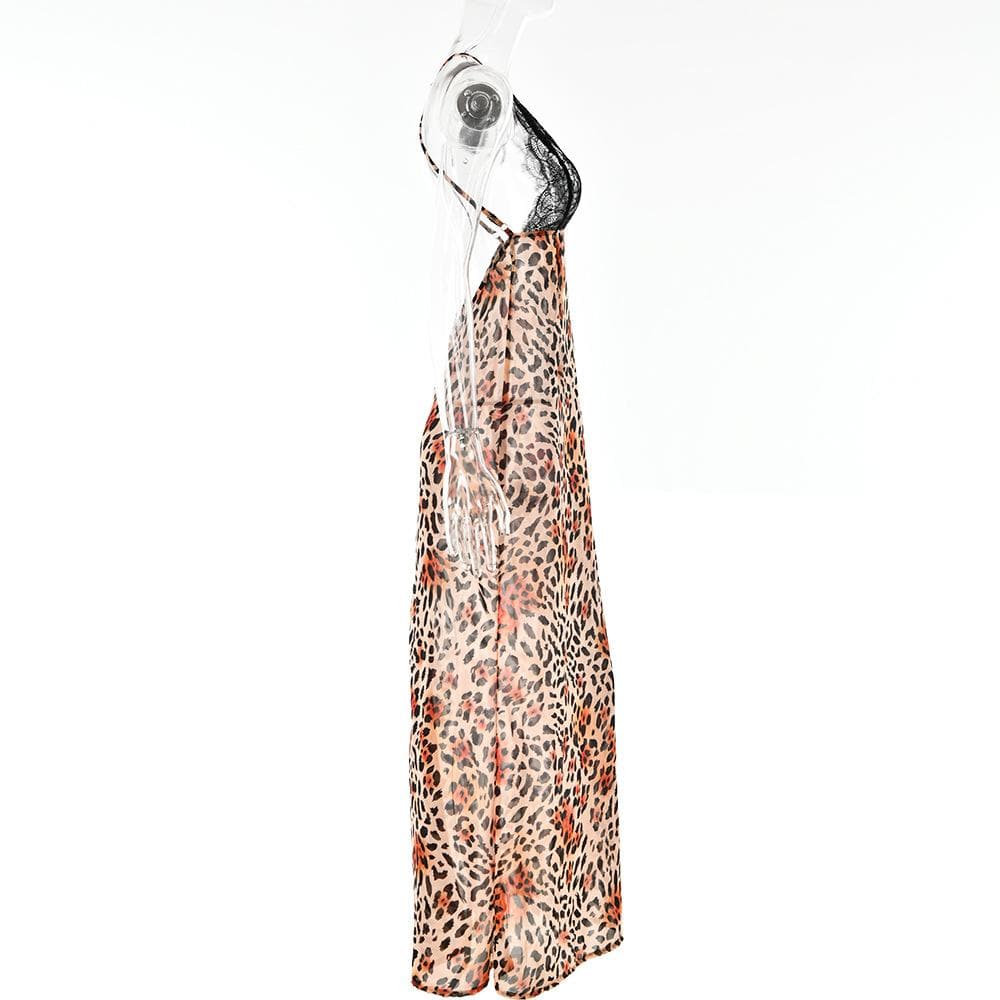 Cross back contrast leopard print v neck lace patchwork maxi dress - View 10