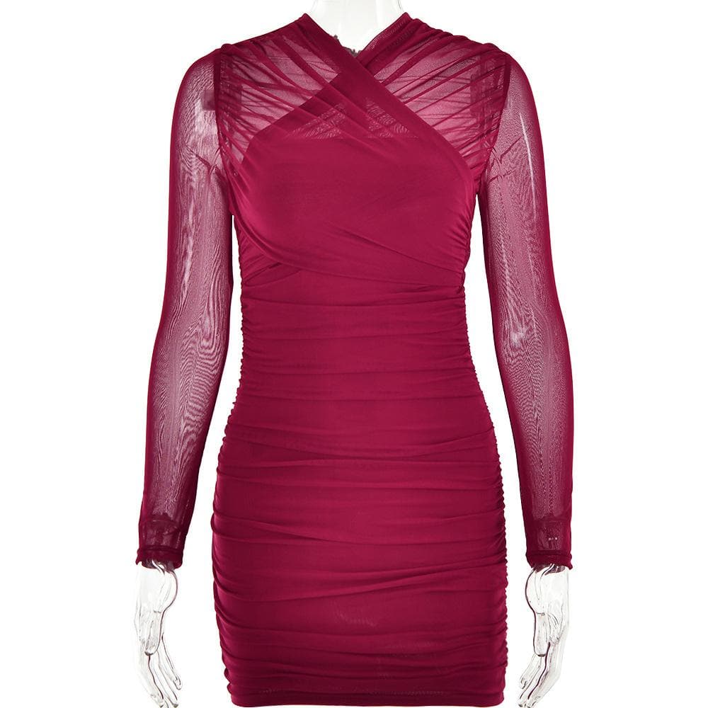 Cross Front Mesh Ruched Long Sleeve Mini Dress