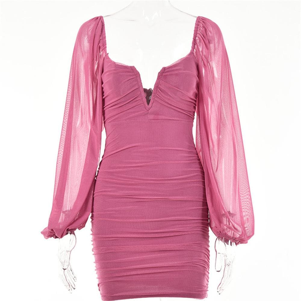 Mesh solid long sleeve ruched notch neck zip-up mini dress 3