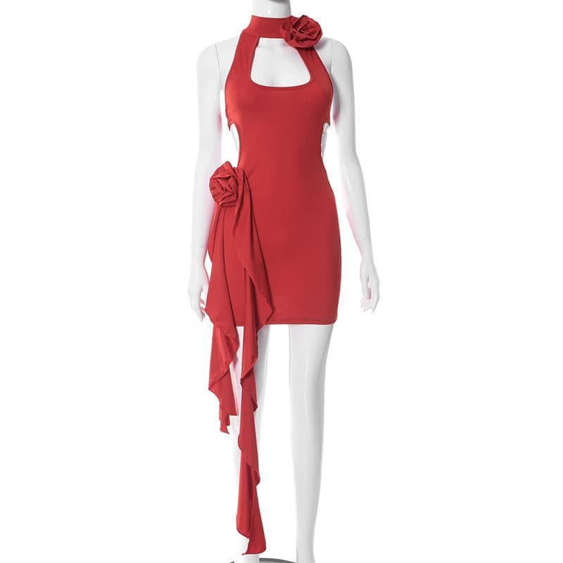 Halter Neck Cut Out 3D Rosette Ruffle Bodycon Mini Dress