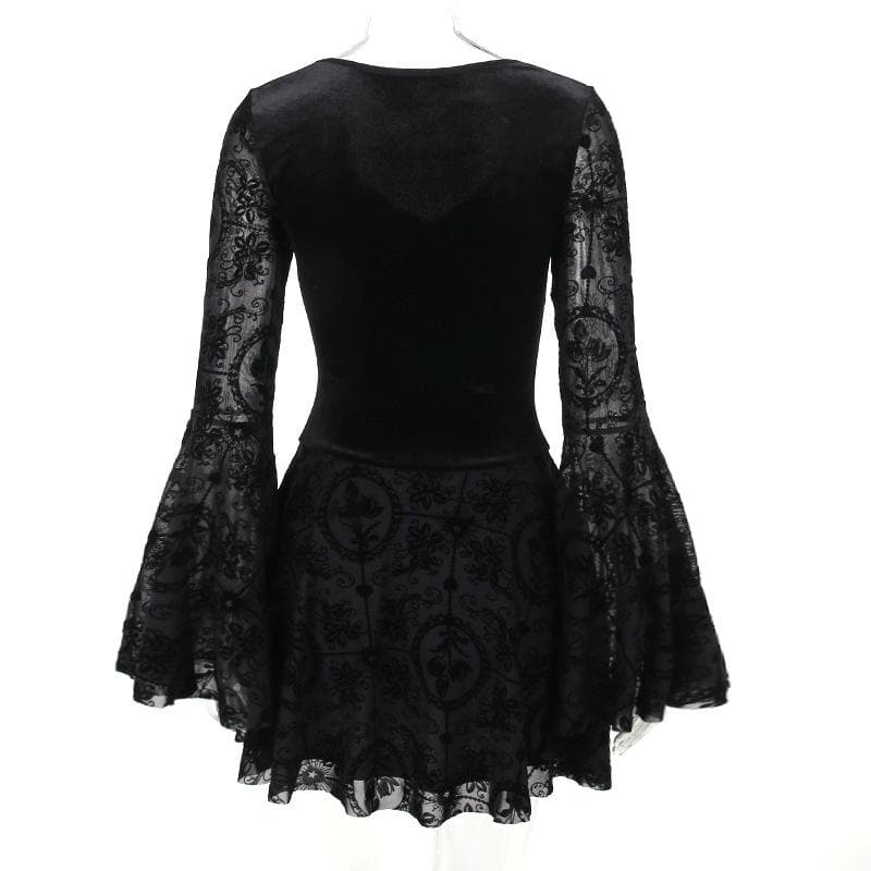 Flared sleeve velvet lace up solid patchwork mini dress - View 7
