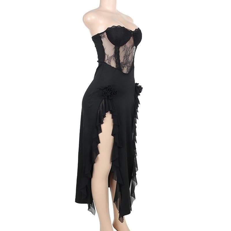 Lace Strapless Flower Applique Ruffle Backless Midi Dress