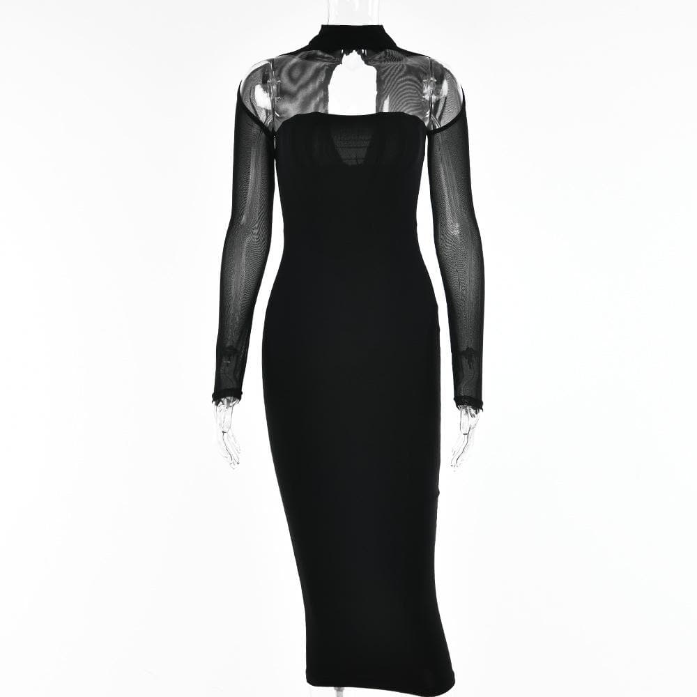 Sheer Mesh Long Sleeve Choker Strapless Bodycon Midi Dress