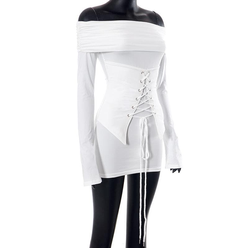 Lace up long sleeve off shoulder ruched solid mini dress 3