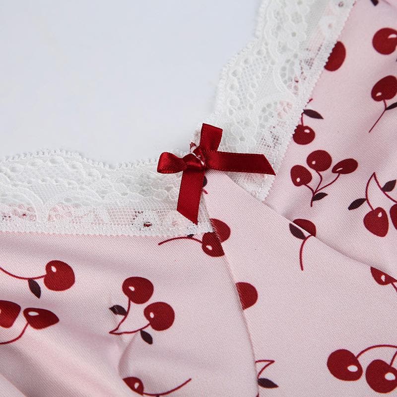 Cherry print contrast lace hem v neck sleeveless mini dress - View 6