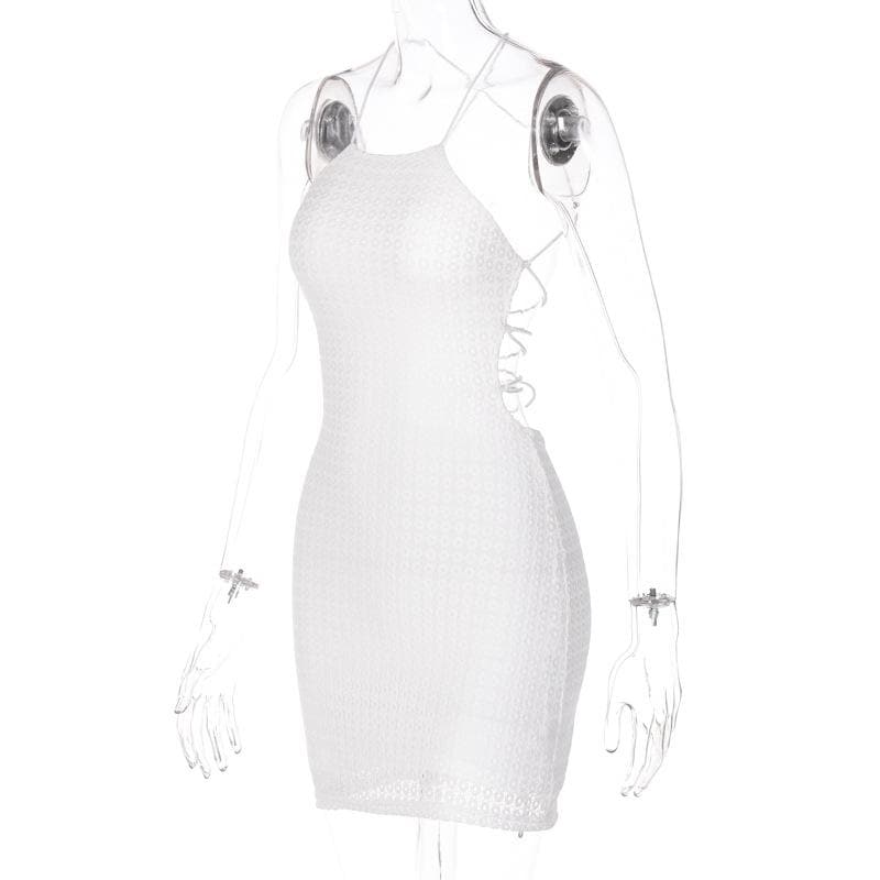 Textured cross back lace up solid backless mini dress 3