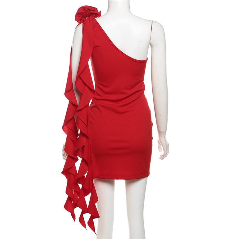 One Shoulder Ruched Flower Applique Ruffle Backless Bodycon Mini Dress