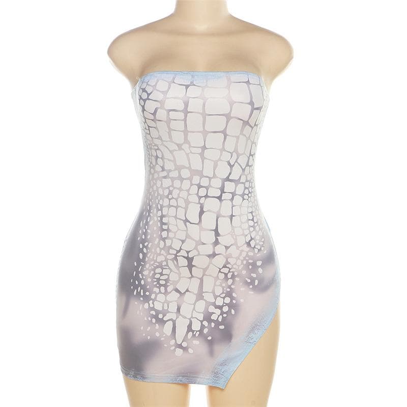 Contrast print slit low cut irregular tube mini dress