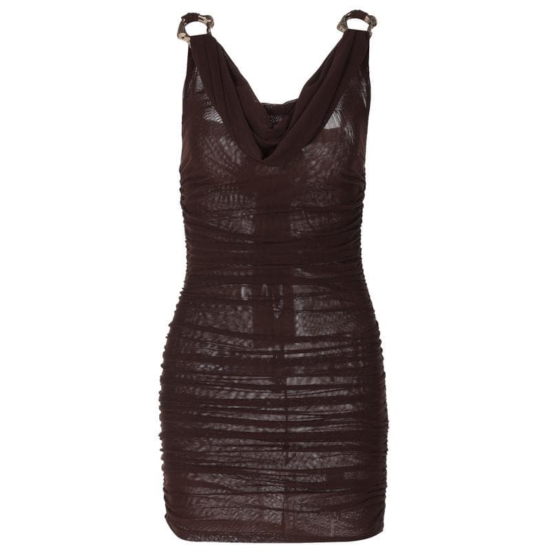 Cowl Neck Ring Strap Ruched Sheer Mesh Bodycon Mini Dress