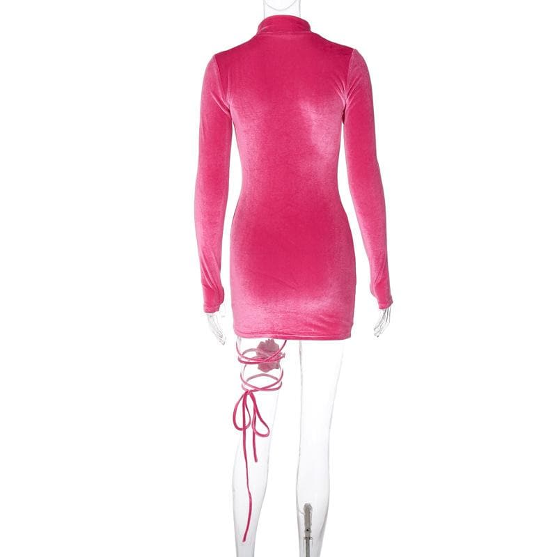 Velvet High Neck Long Sleeve Ruched Rosette Bodycon Mini Dress