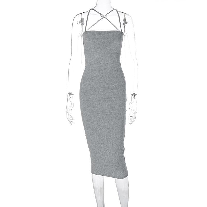 Cross back lace up self tie backless solid square neck midi dress 3