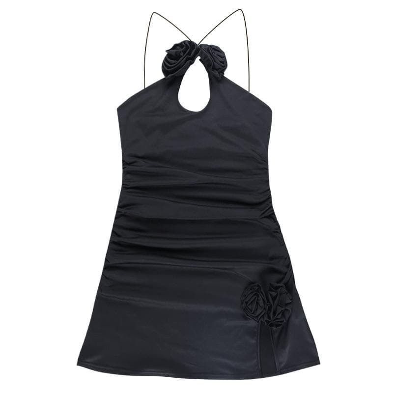 Rosette Appliqué Halter Cut Out Ruched Bodycon Mini Dress