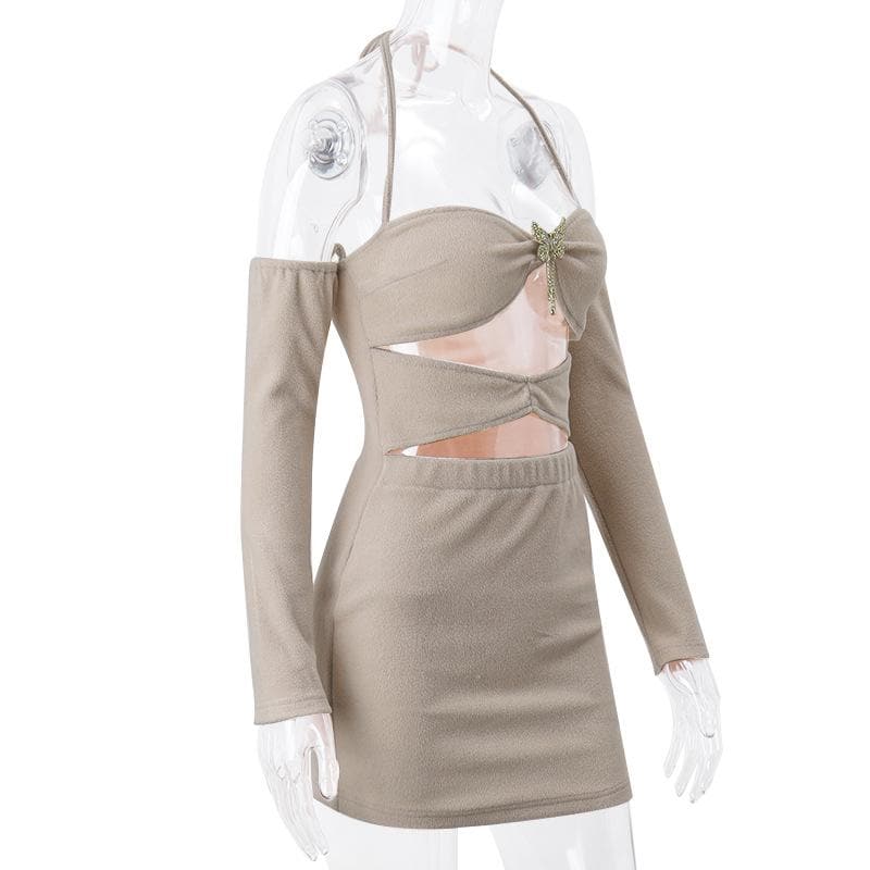 Halter Neck Off Shoulder Long Sleeve Cut Out Bodycon Mini Dress
