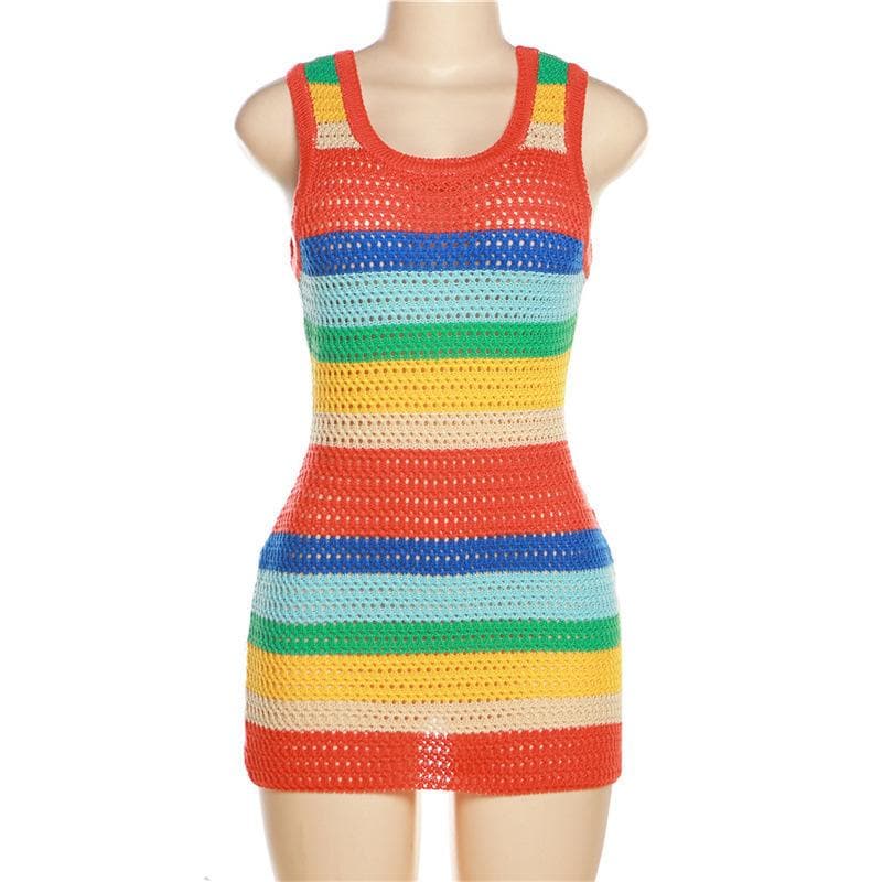 Crochet Rainbow Stripe Scoop Neck Sleeveless Bodycon Mini Dress