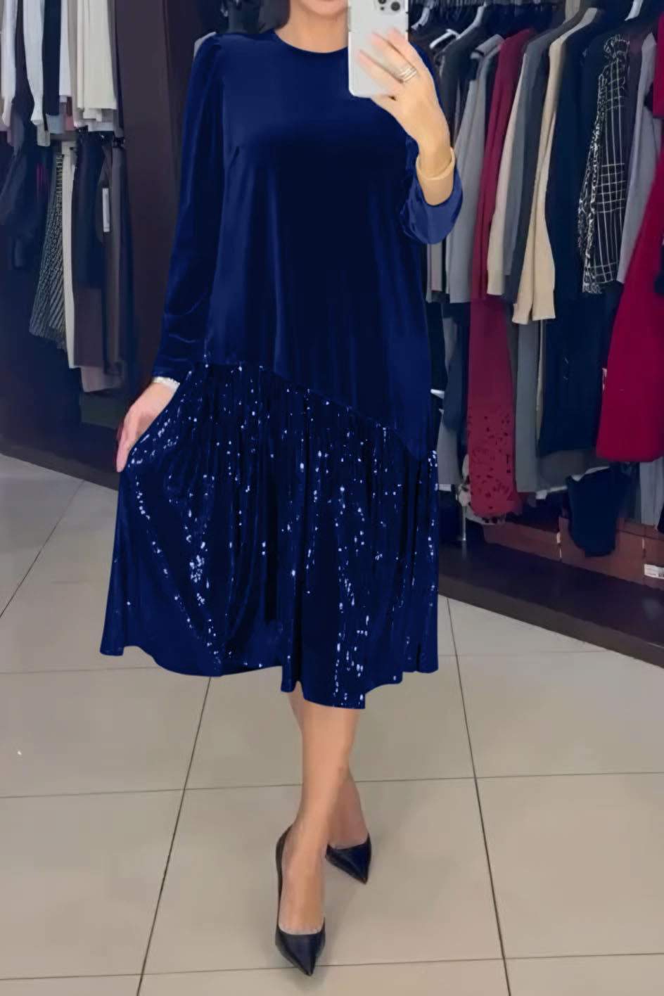 Round Neck Long Sleeve Velvet Sequin Ruffle Midi Dress 5