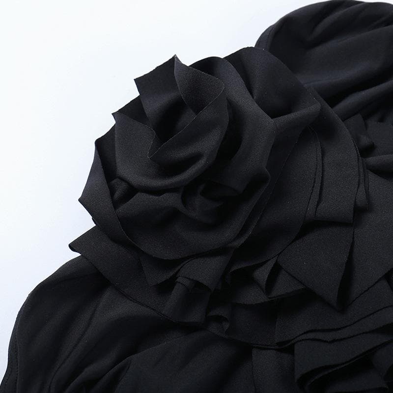 Strapless Ruched Floral Applique Ruffle Bodycon Mini Dress