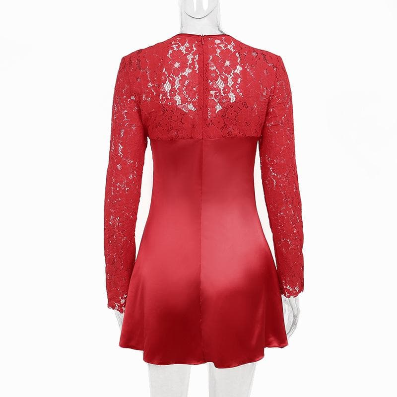 Lace zip-up long sleeve patchwork padded mini dress 4