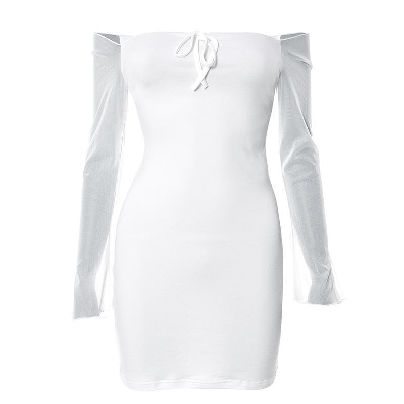 Mesh solid off shoulder long sleeve self tie mini dress 2