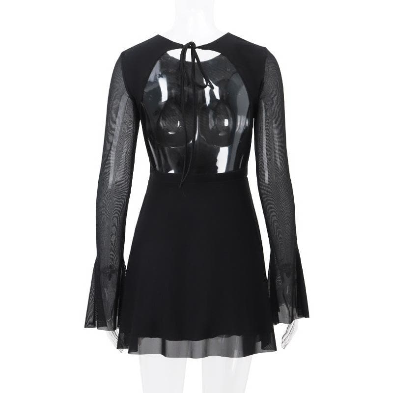 Long flared sleeve crewneck self tie mesh backless mini dress 5