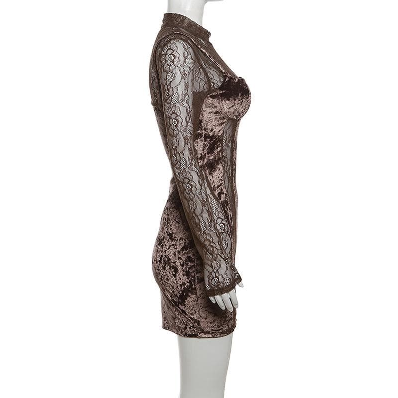 Velvet patchwork high neck long sleeve lace mini dress - View 3