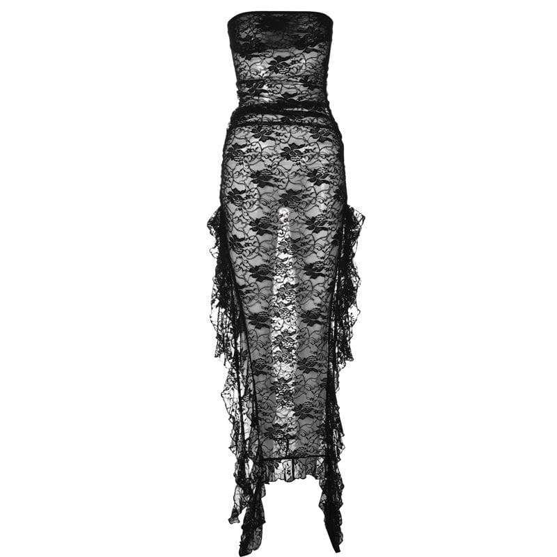 Sheer Lace Strapless Ruffle Trim High Split Tube Maxi Dress 2