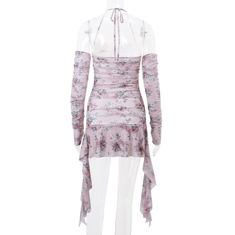 Floral Halter Neck Lace Trim Cut Out Ruched Ruffle Mini Dress