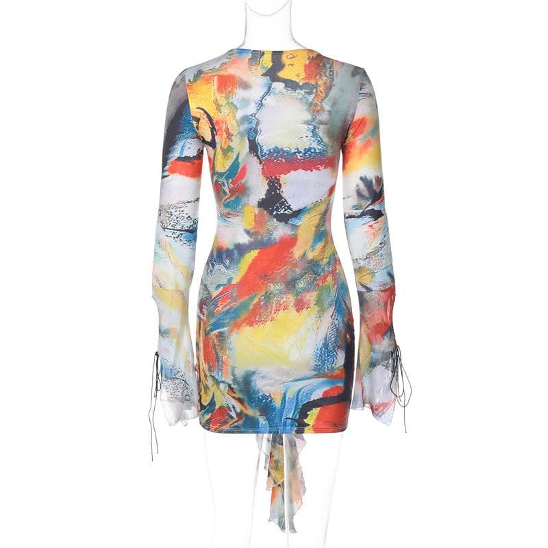 Lace up contrast flared sleeve self tie tie dye mini dress - View 4