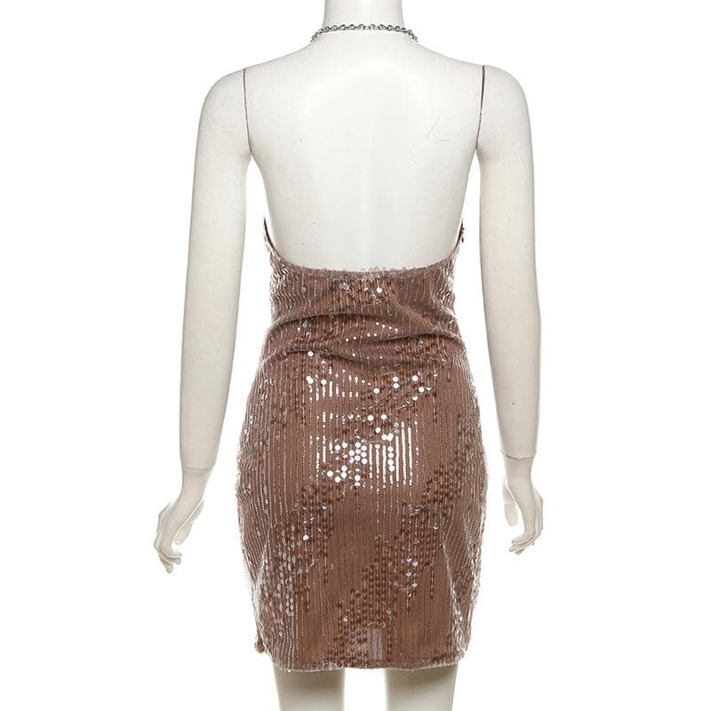 Sequin Cowl Neck Chain Strap Bodycon Mini Dress