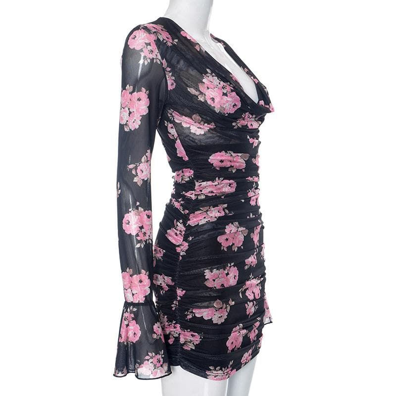 Long flared sleeve cowl neck ruffle flower print sheer mesh mini dress