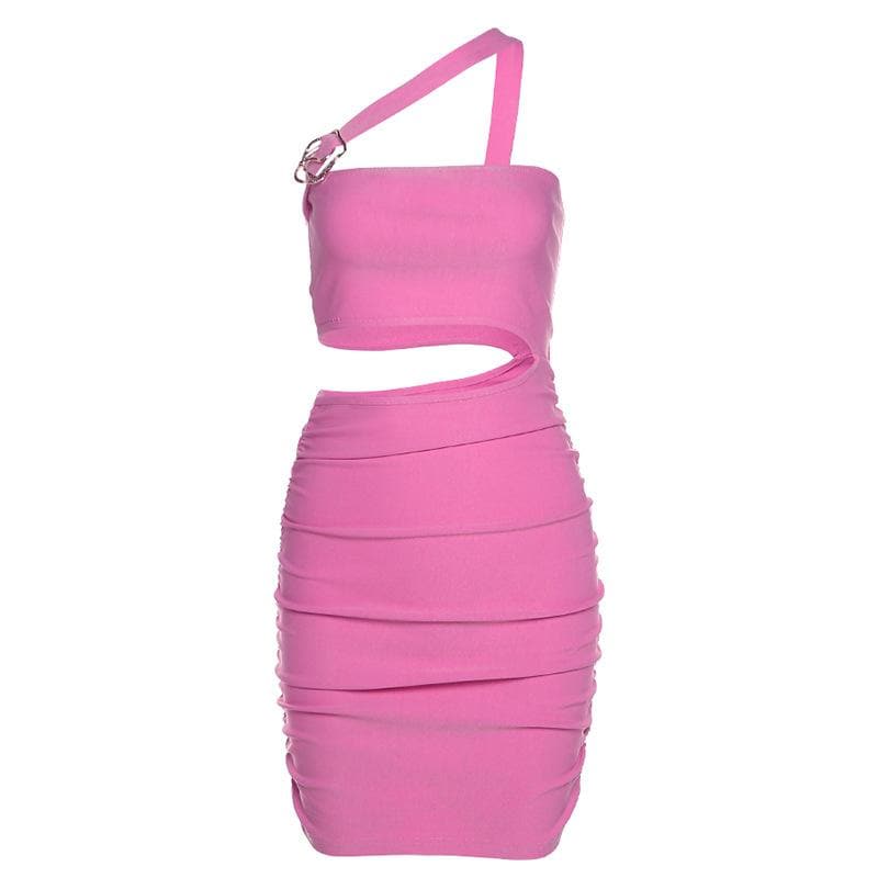 One Shoulder Cut Out Waist Ruched Metal Ring Bodycon Mini Dress 2
