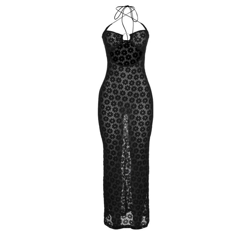 Floral Mesh Halter Neck O Ring Cut Out Bodycon Maxi Dress