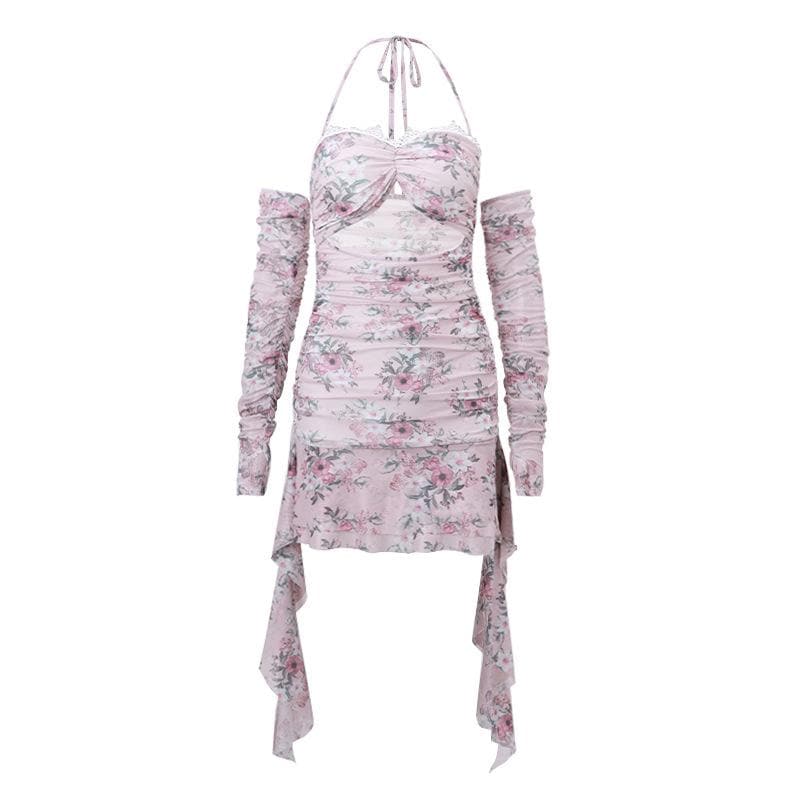 Floral Halter Neck Lace Trim Cut Out Ruched Ruffle Mini Dress