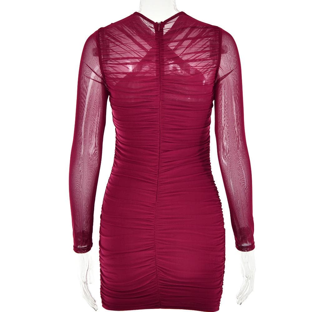 Cross Front Mesh Ruched Long Sleeve Mini Dress