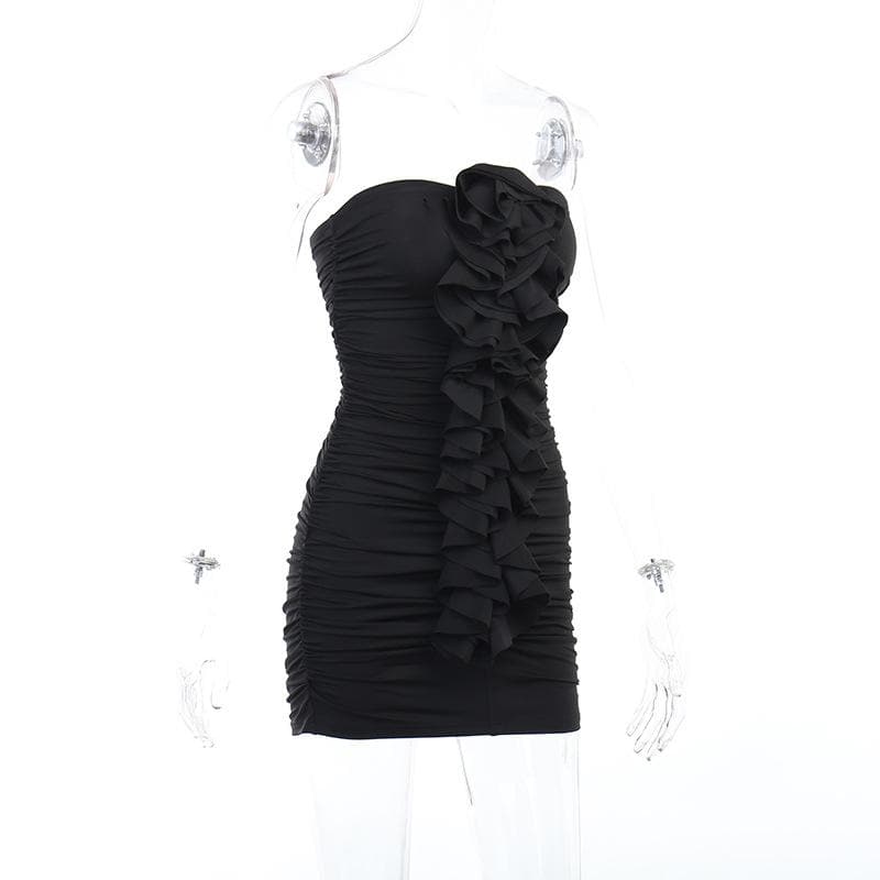 Strapless Ruched Floral Applique Ruffle Bodycon Mini Dress