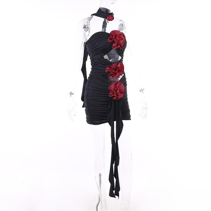 Flower Applique Strapless Cut Out Ruched Bodycon Mini Dress
