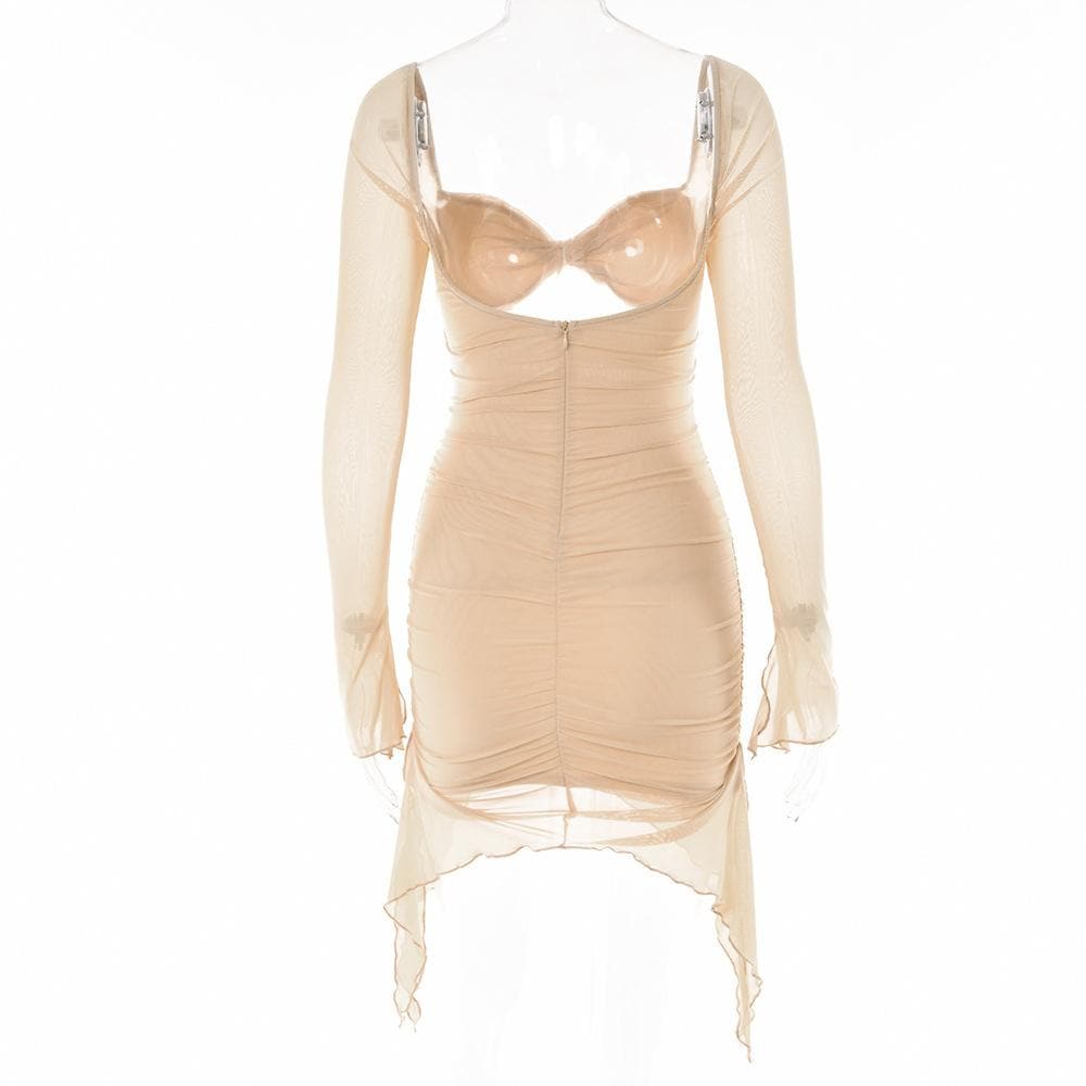 Long sleeve solid hollow out slit mesh ruched zip-up backless mini dress 6
