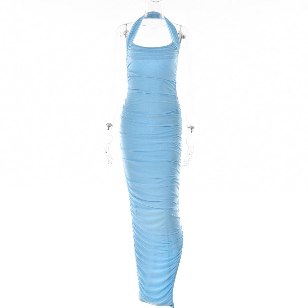 Mesh Zip Up Halter Ruched High Split Tube Dress - View 3