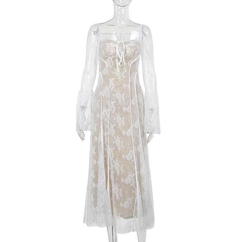 Long flared sleeve contrast zip-up lace self tie maxi dress - View 3