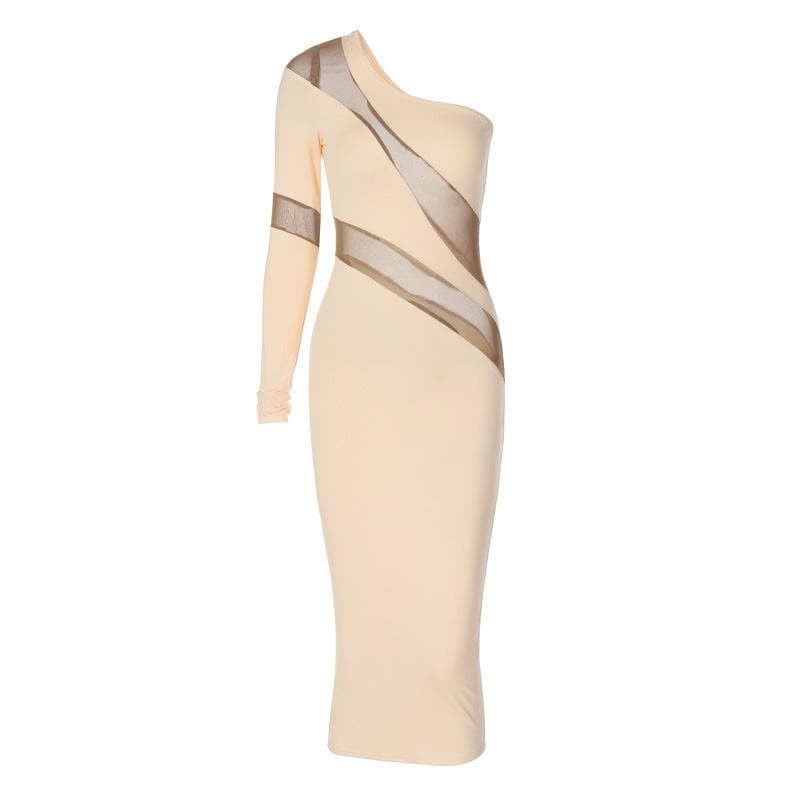 Long sleeve mesh backless one shoulder midi dress 3