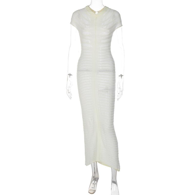 Short Sleeve Open Knit Pointelle Striped Bodycon Maxi Dress