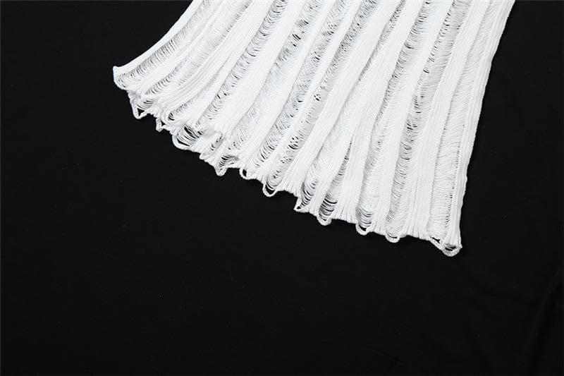 Ribbed Knit Mock Neck Sleeveless Distressed Shredded Maxi Dress