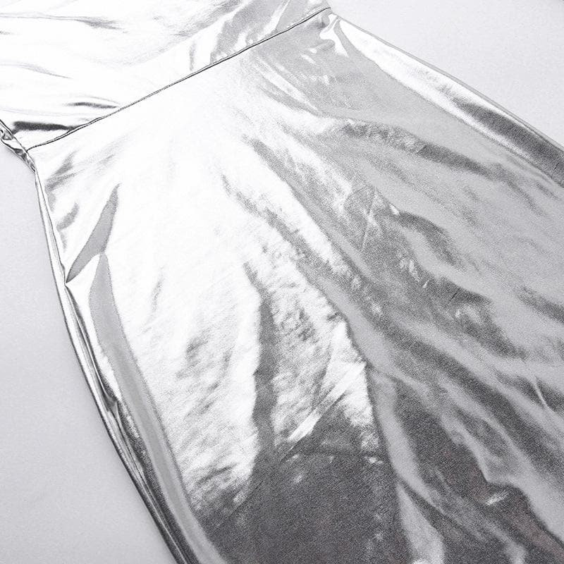 Cowl neck slit backless metallic cami midi dress 4