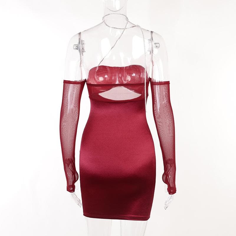 Mesh Glove Halter Neck Cut Out Ruched Bodycon Mini Dress