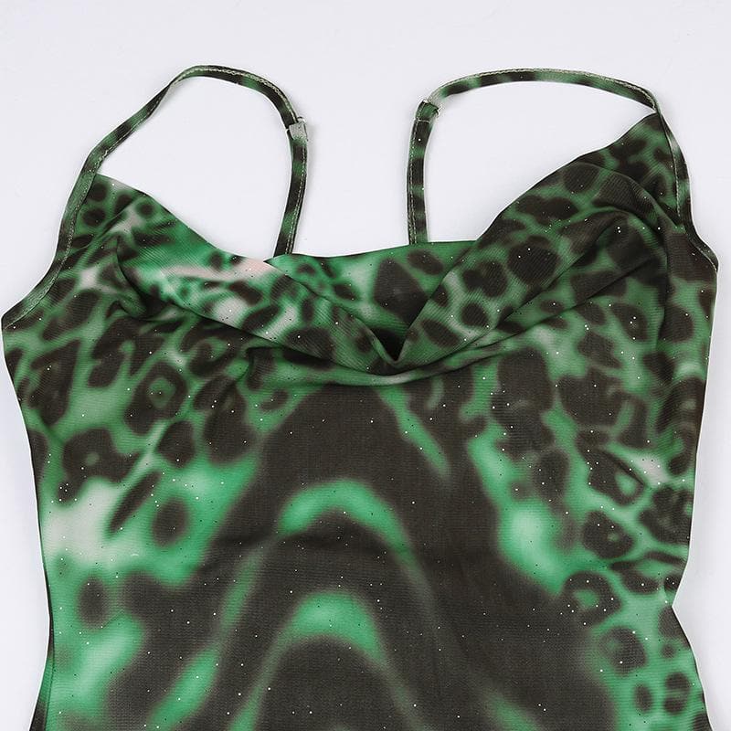 Leopard print cowl neck contrast ruffle backless mesh maxi dress