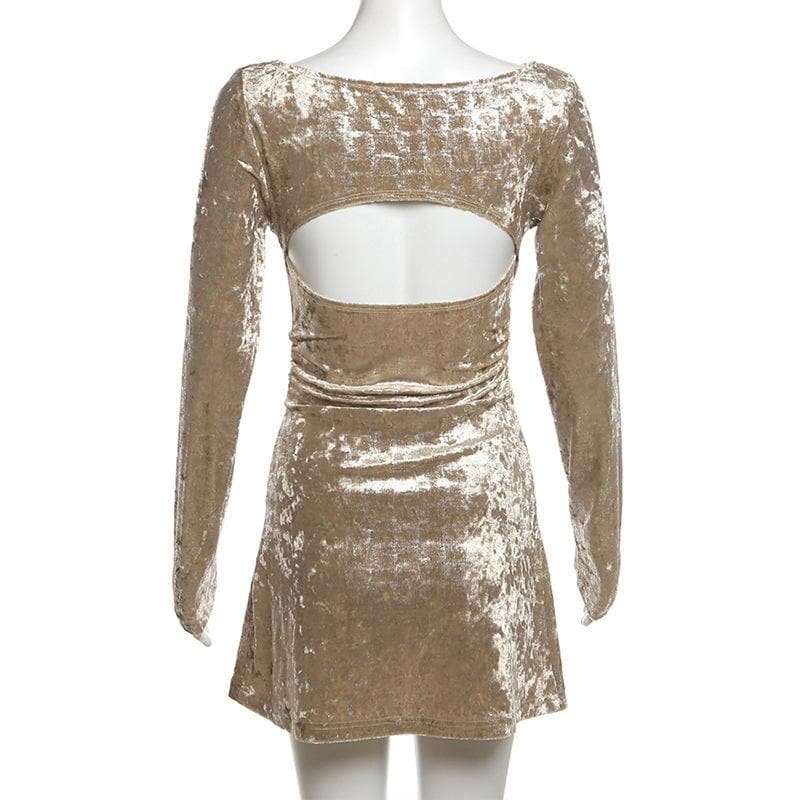 Solid velvet cowl neck hollow out long sleeve mini dress - View 4