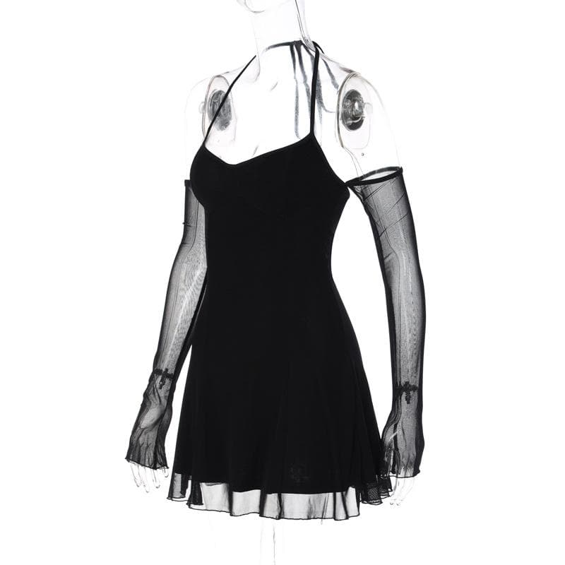 Mesh Halter Neck Off Shoulder Long Sleeve Fit and Flare Mini Dress