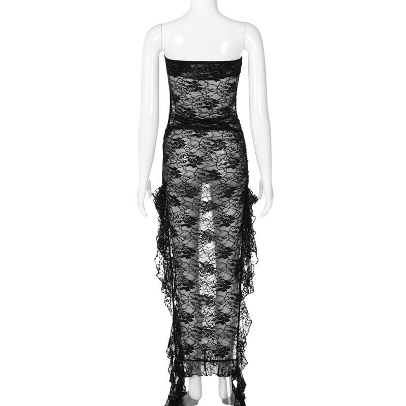 Slit ribbon lace see through solid tube maxi dress 4