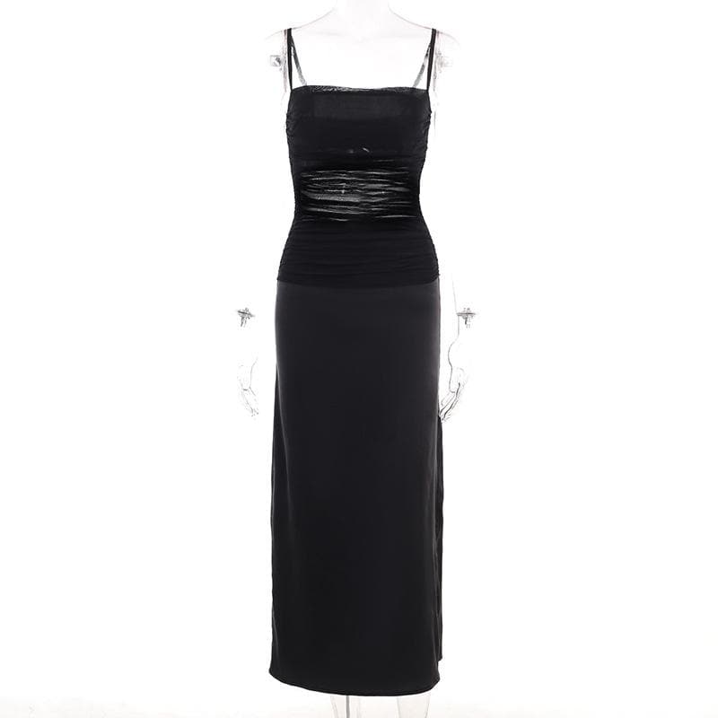 Mesh patchwork zip-up solid backless ruched cami midi dress 2