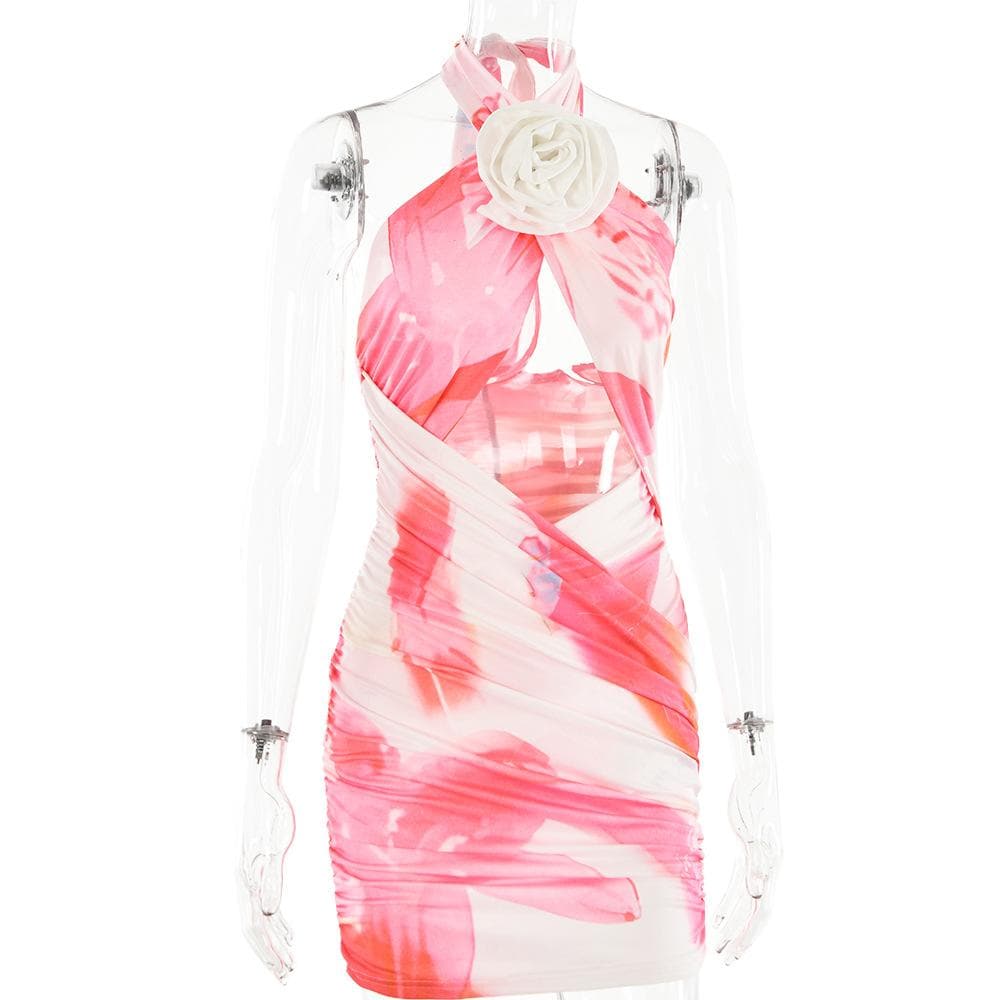 Tie Dye Halter Neck 3D Flower Cut Out Bodycon Mini Dress