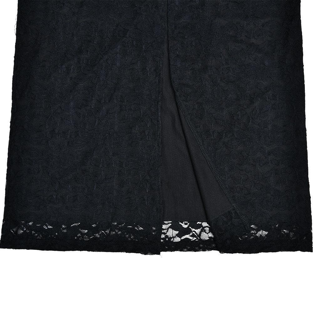 Button slit zip-up solid lace low cut maxi dress - View 8